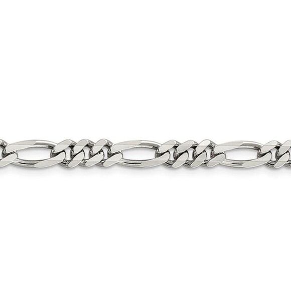 5.25mm Rhodium Sterling Silver Solid Figaro Chain Bracelet, 7 Inch